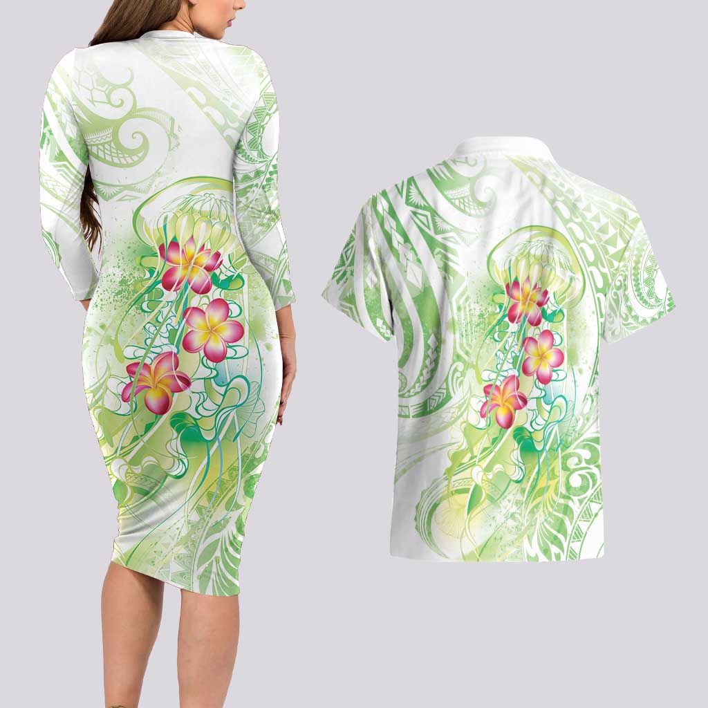 Summer Green Polynesian Jellyfish Couples Matching Long Sleeve Bodycon Dress and Hawaiian Shirt Watercolor Glows LT7 - Polynesian Pride