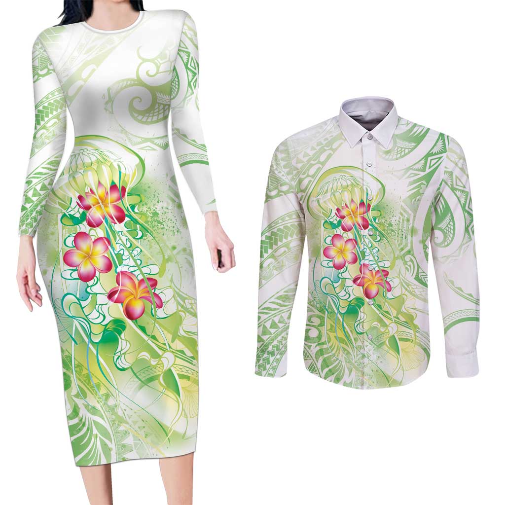 Summer Green Polynesian Jellyfish Couples Matching Long Sleeve Bodycon Dress and Long Sleeve Button Shirt Watercolor Glows LT7 Light Green - Polynesian Pride