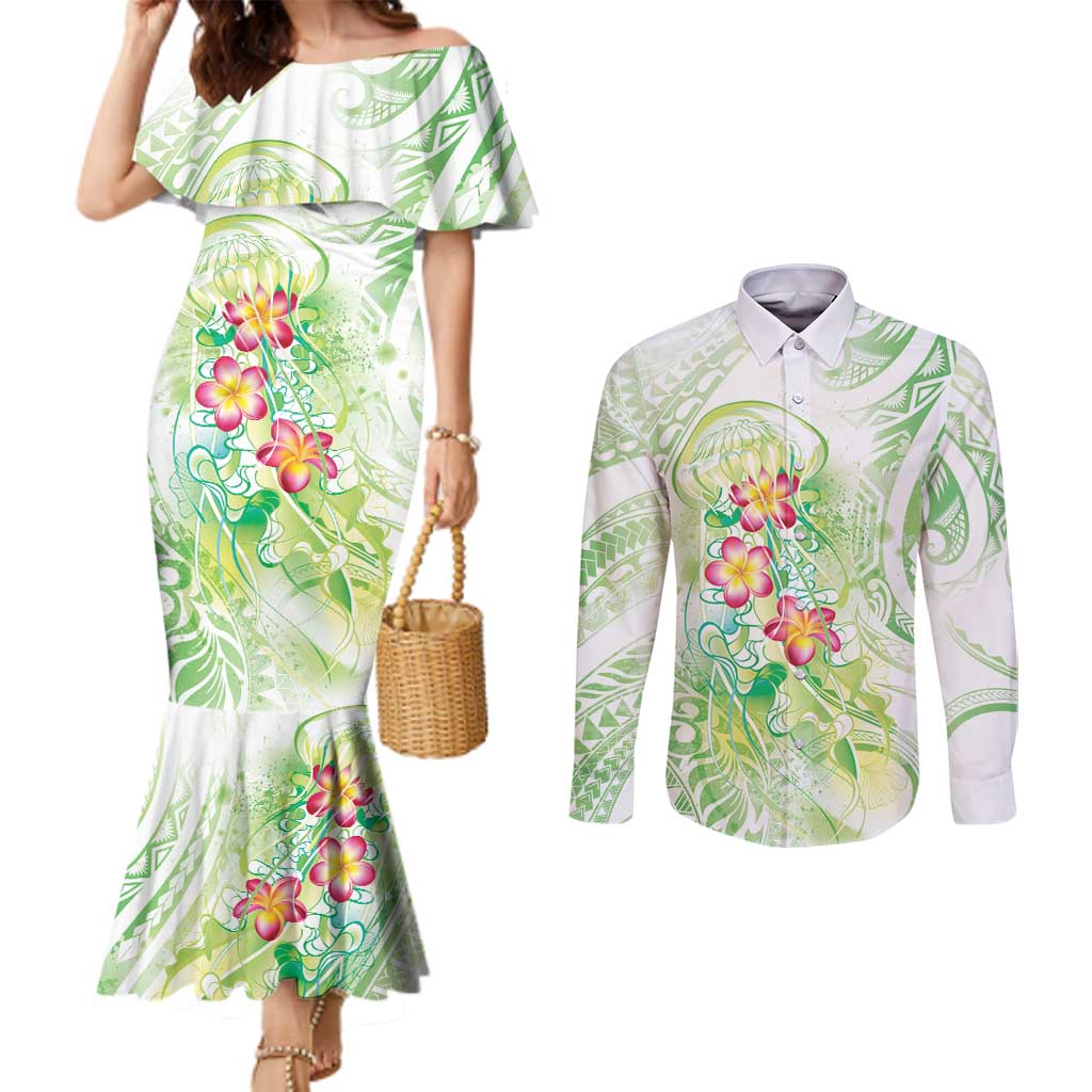 Summer Green Polynesian Jellyfish Couples Matching Mermaid Dress and Long Sleeve Button Shirt Watercolor Glows LT7 Light Green - Polynesian Pride