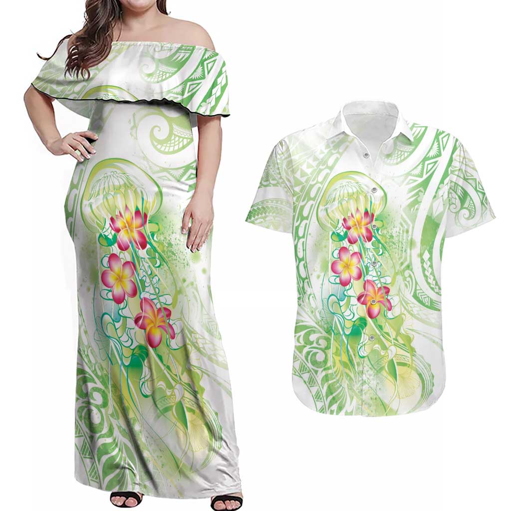 Summer Green Polynesian Jellyfish Couples Matching Off Shoulder Maxi Dress and Hawaiian Shirt Watercolor Glows LT7 Light Green - Polynesian Pride