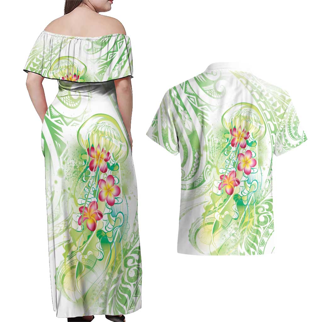 Summer Green Polynesian Jellyfish Couples Matching Off Shoulder Maxi Dress and Hawaiian Shirt Watercolor Glows LT7 - Polynesian Pride
