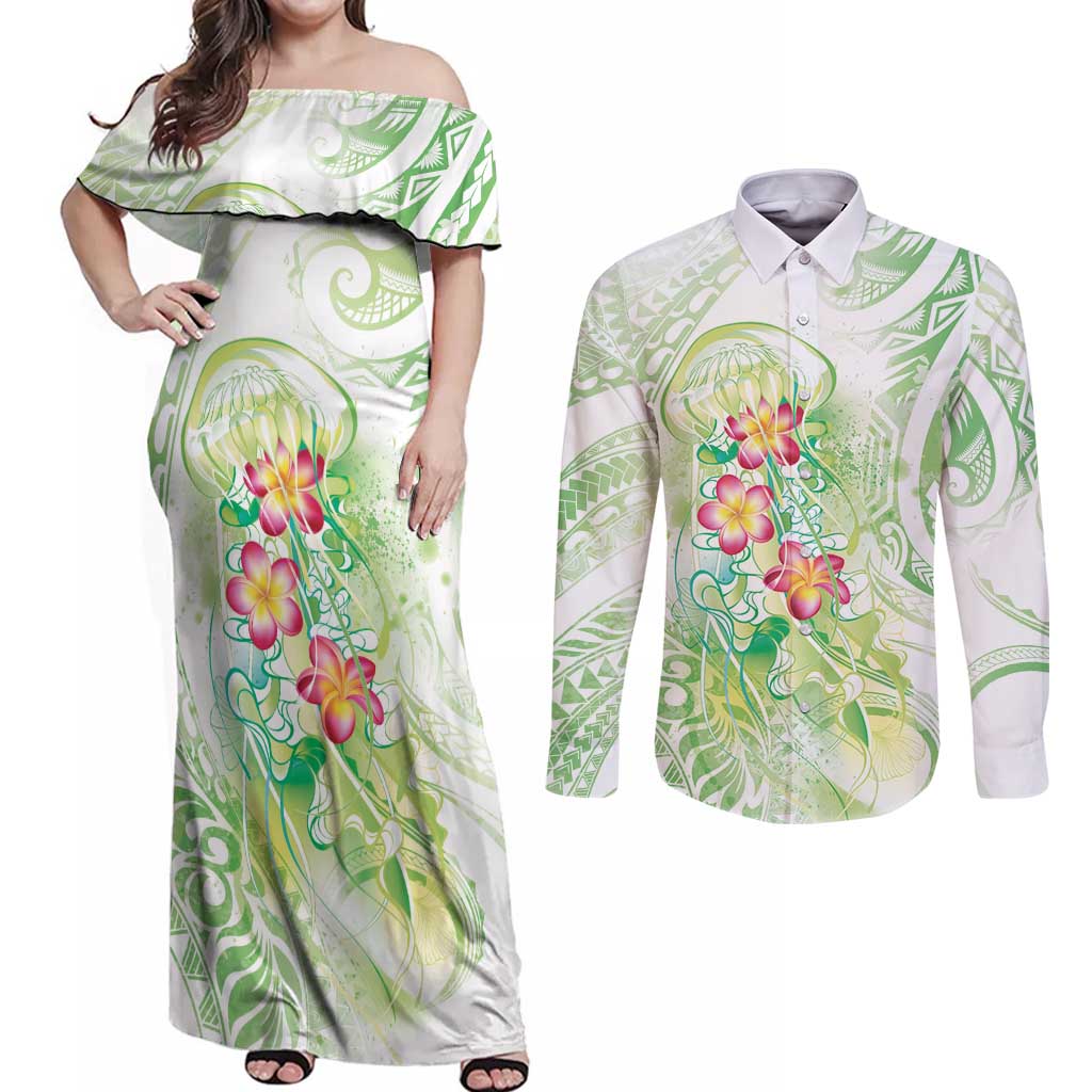 Summer Green Polynesian Jellyfish Couples Matching Off Shoulder Maxi Dress and Long Sleeve Button Shirt Watercolor Glows LT7 Light Green - Polynesian Pride
