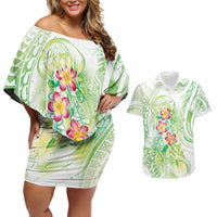 Summer Green Polynesian Jellyfish Couples Matching Off Shoulder Short Dress and Hawaiian Shirt Watercolor Glows LT7 Light Green - Polynesian Pride