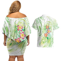 Summer Green Polynesian Jellyfish Couples Matching Off Shoulder Short Dress and Hawaiian Shirt Watercolor Glows LT7 - Polynesian Pride