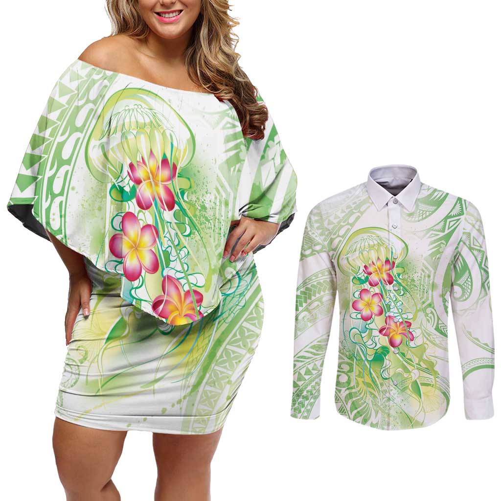 Summer Green Polynesian Jellyfish Couples Matching Off Shoulder Short Dress and Long Sleeve Button Shirt Watercolor Glows LT7 Light Green - Polynesian Pride