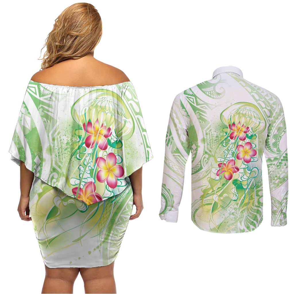Summer Green Polynesian Jellyfish Couples Matching Off Shoulder Short Dress and Long Sleeve Button Shirt Watercolor Glows LT7 - Polynesian Pride