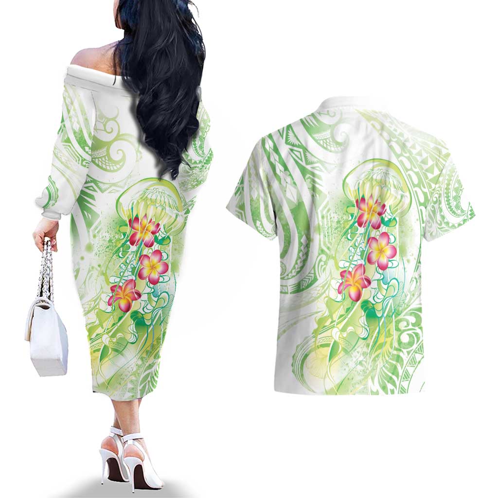 Summer Green Polynesian Jellyfish Couples Matching Off The Shoulder Long Sleeve Dress and Hawaiian Shirt Watercolor Glows LT7 - Polynesian Pride