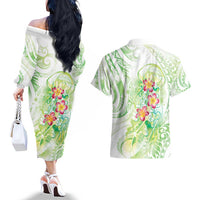 Summer Green Polynesian Jellyfish Couples Matching Off The Shoulder Long Sleeve Dress and Hawaiian Shirt Watercolor Glows LT7 - Polynesian Pride