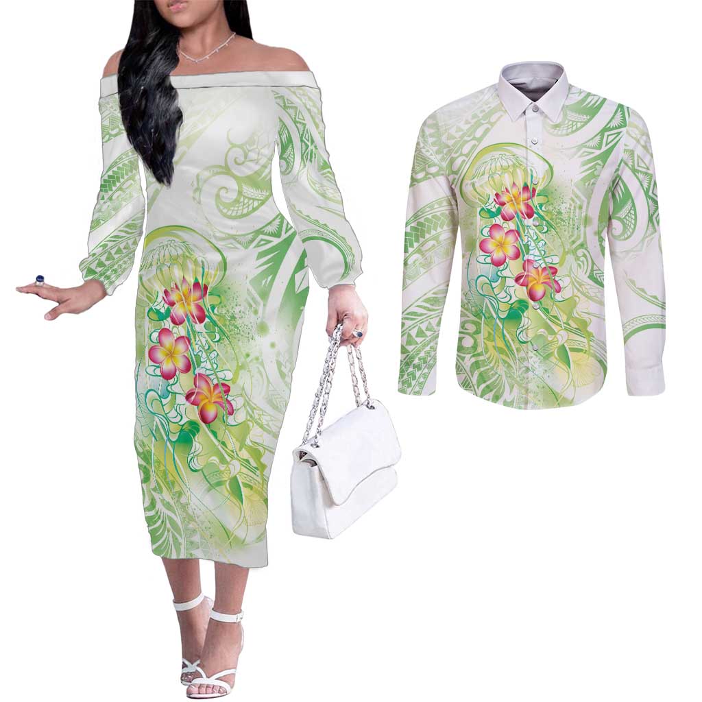 Summer Green Polynesian Jellyfish Couples Matching Off The Shoulder Long Sleeve Dress and Long Sleeve Button Shirt Watercolor Glows LT7 Light Green - Polynesian Pride