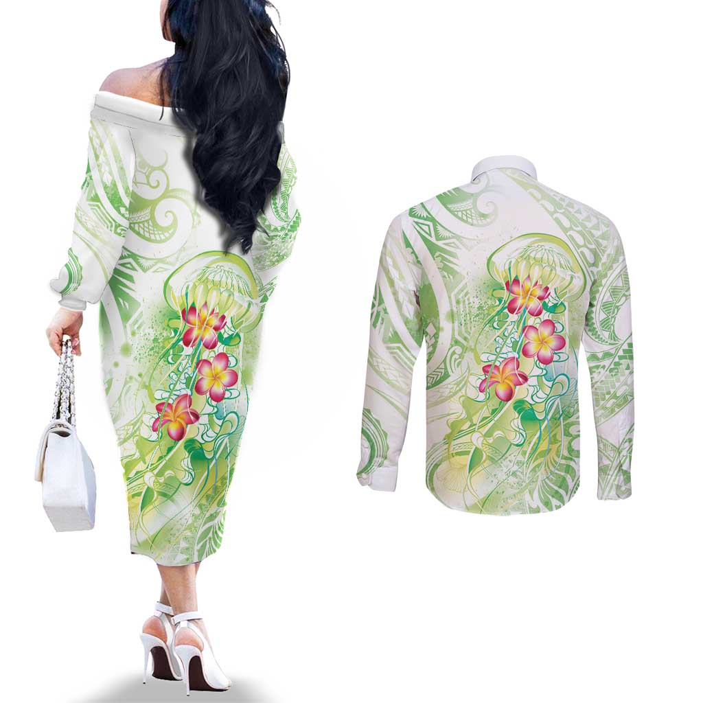 Summer Green Polynesian Jellyfish Couples Matching Off The Shoulder Long Sleeve Dress and Long Sleeve Button Shirt Watercolor Glows LT7 - Polynesian Pride