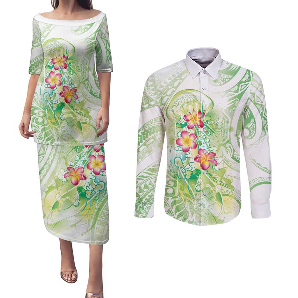 Summer Green Polynesian Jellyfish Couples Matching Puletasi and Long Sleeve Button Shirt Watercolor Glows LT7 Light Green - Polynesian Pride