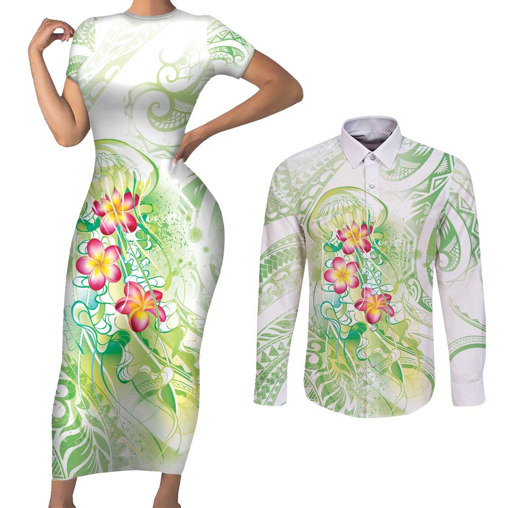 Summer Green Polynesian Jellyfish Couples Matching Short Sleeve Bodycon Dress and Long Sleeve Button Shirt Watercolor Glows LT7 Light Green - Polynesian Pride