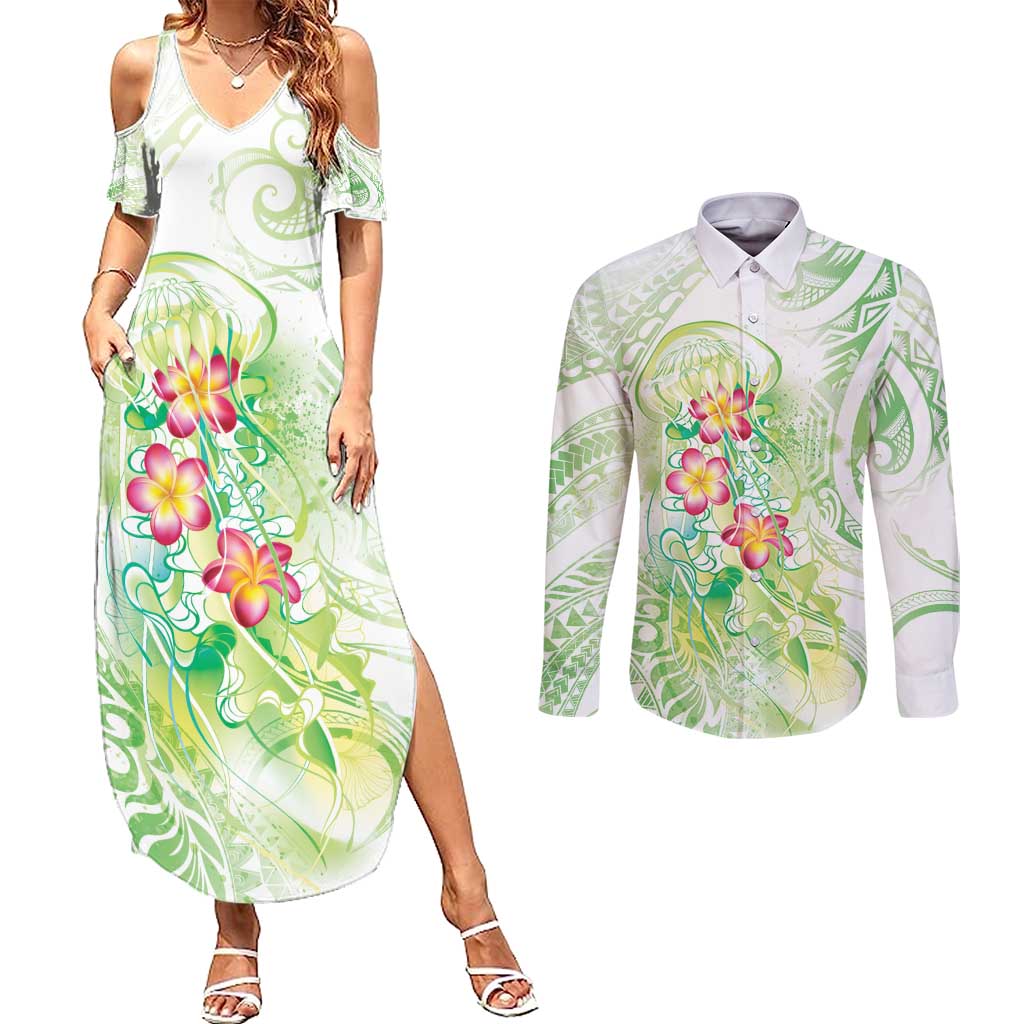 Summer Green Polynesian Jellyfish Couples Matching Summer Maxi Dress and Long Sleeve Button Shirt Watercolor Glows LT7 Light Green - Polynesian Pride