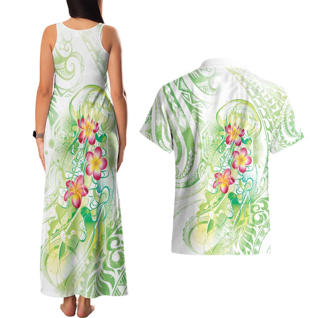 Summer Green Polynesian Jellyfish Couples Matching Tank Maxi Dress and Hawaiian Shirt Watercolor Glows LT7 - Polynesian Pride