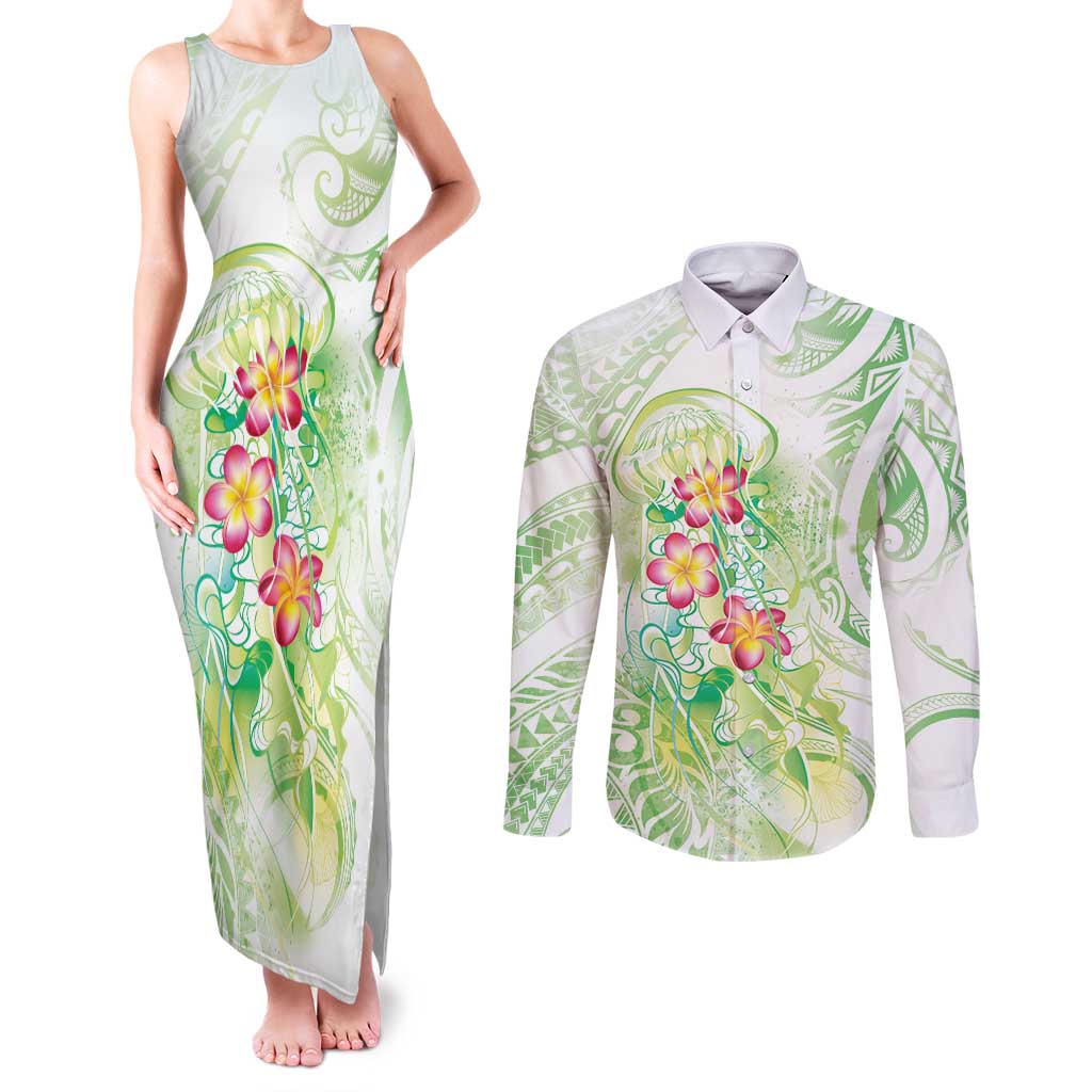 Summer Green Polynesian Jellyfish Couples Matching Tank Maxi Dress and Long Sleeve Button Shirt Watercolor Glows LT7 Light Green - Polynesian Pride