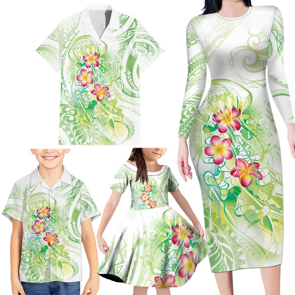 Summer Green Polynesian Jellyfish Family Matching Long Sleeve Bodycon Dress and Hawaiian Shirt Watercolor Glows LT7 - Polynesian Pride