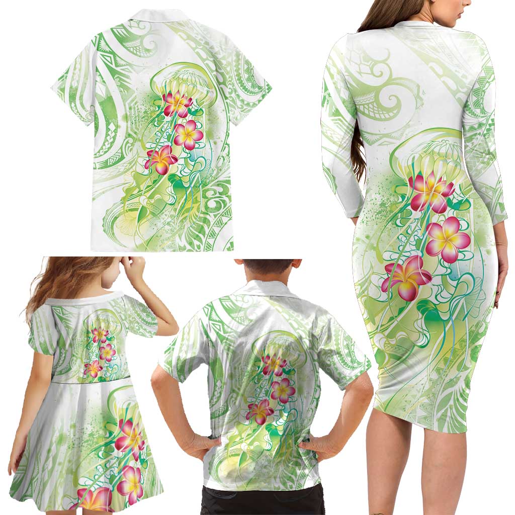 Summer Green Polynesian Jellyfish Family Matching Long Sleeve Bodycon Dress and Hawaiian Shirt Watercolor Glows LT7 - Polynesian Pride