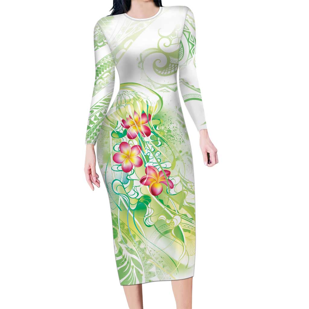 Summer Green Polynesian Jellyfish Family Matching Long Sleeve Bodycon Dress and Hawaiian Shirt Watercolor Glows LT7 Mom's Dress Light Green - Polynesian Pride