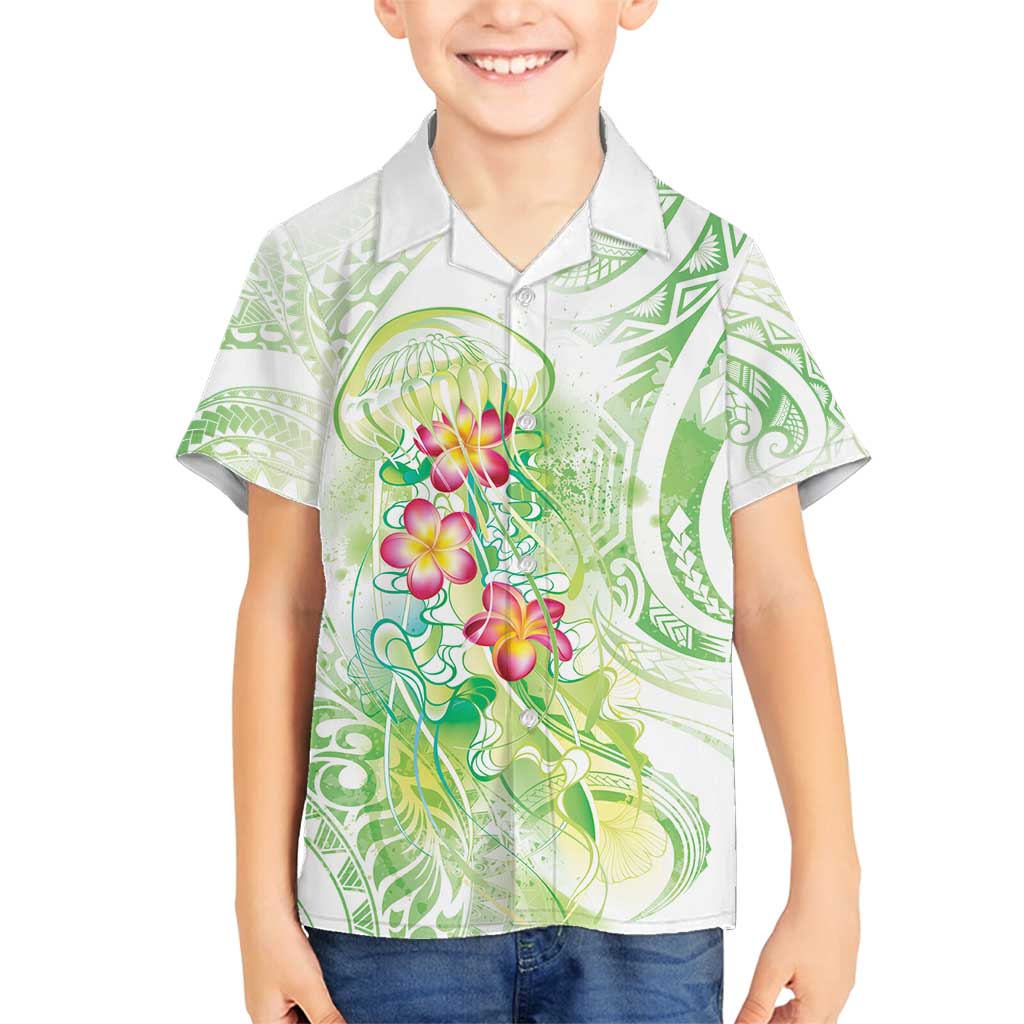 Summer Green Polynesian Jellyfish Family Matching Long Sleeve Bodycon Dress and Hawaiian Shirt Watercolor Glows LT7 Son's Shirt Light Green - Polynesian Pride