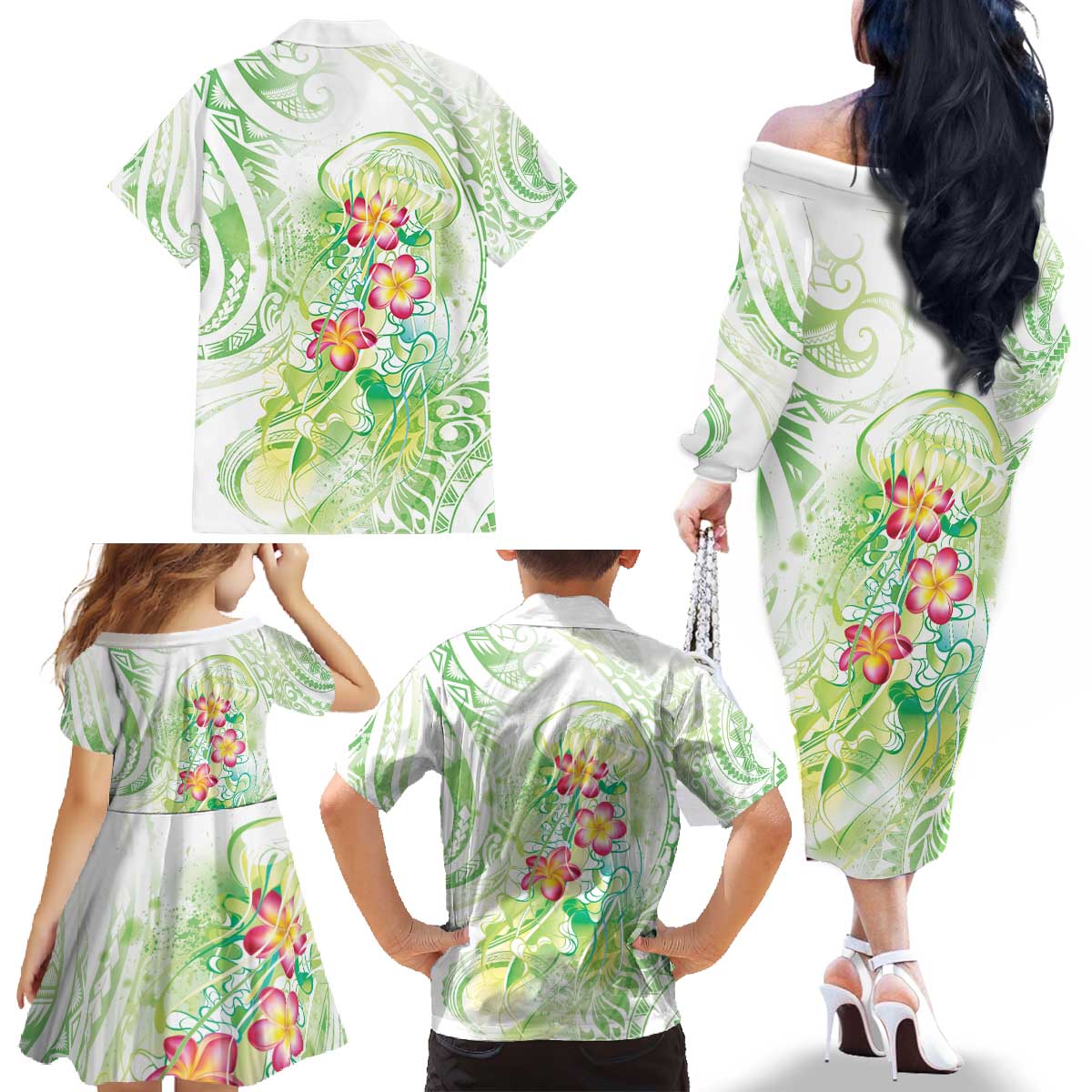 Summer Green Polynesian Jellyfish Family Matching Off The Shoulder Long Sleeve Dress and Hawaiian Shirt Watercolor Glows LT7 - Polynesian Pride