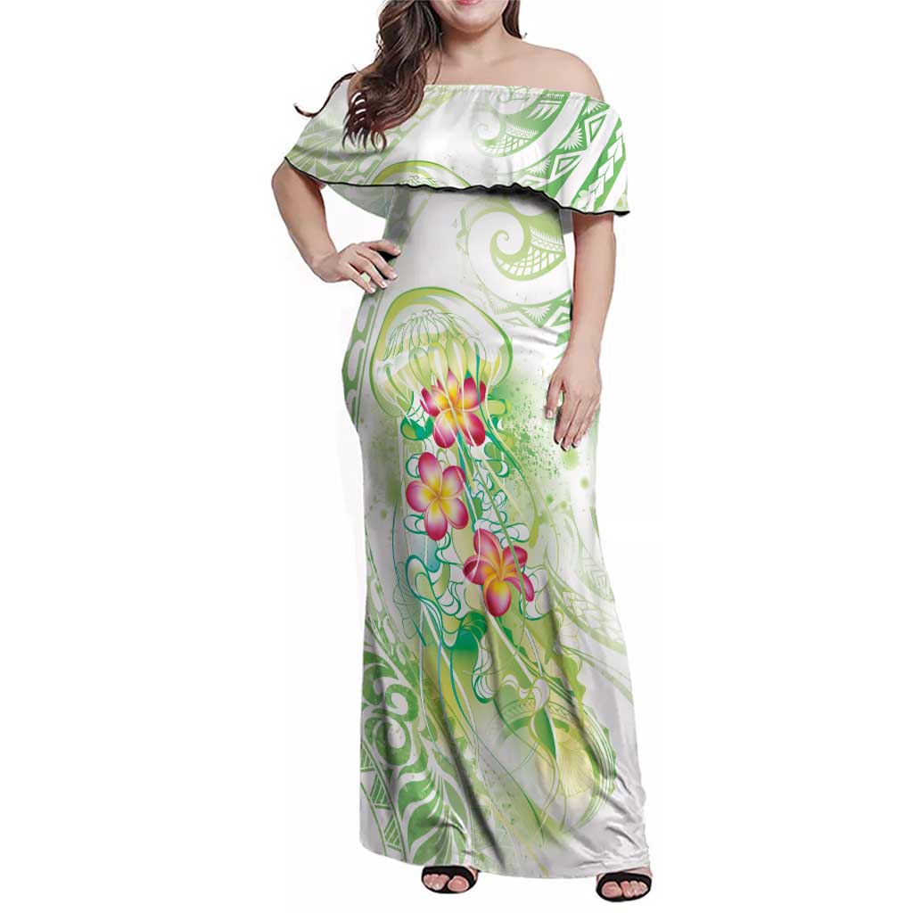 Summer Green Polynesian Jellyfish Family Matching Off Shoulder Maxi Dress and Hawaiian Shirt Watercolor Glows LT7 Mom's Dress Light Green - Polynesian Pride