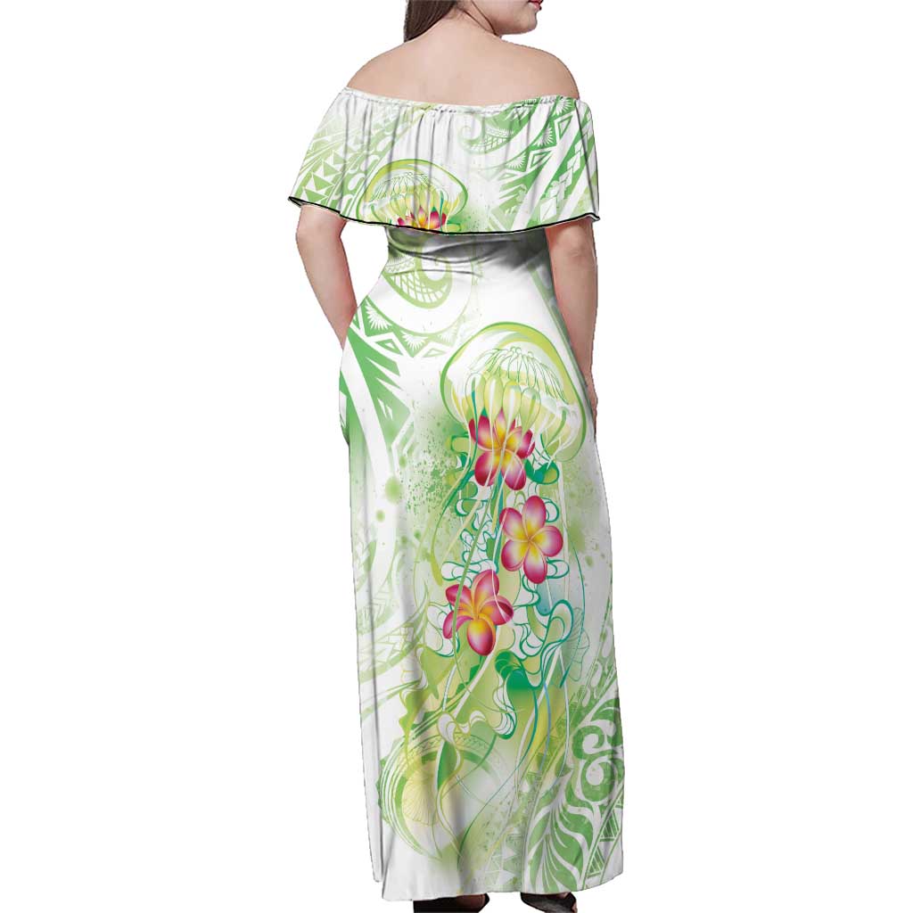 Summer Green Polynesian Jellyfish Family Matching Off Shoulder Maxi Dress and Hawaiian Shirt Watercolor Glows LT7 - Polynesian Pride