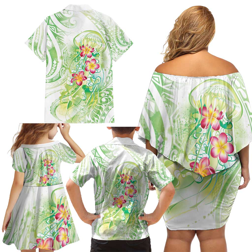 Summer Green Polynesian Jellyfish Family Matching Off Shoulder Short Dress and Hawaiian Shirt Watercolor Glows LT7 - Polynesian Pride