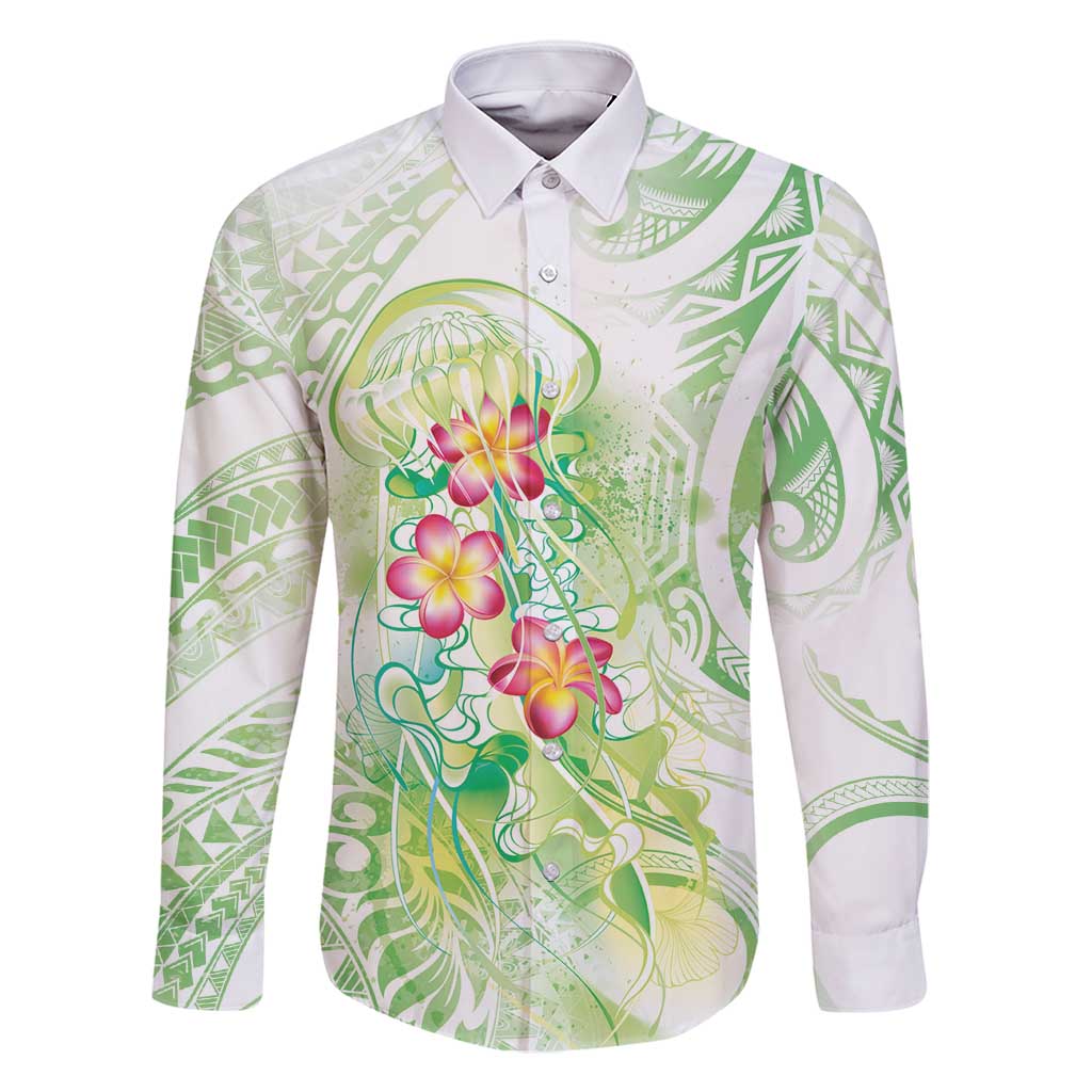Summer Green Polynesian Jellyfish Family Matching Off Shoulder Short Dress and Hawaiian Shirt Watercolor Glows LT7 Dad's Shirt - Long Sleeve Light Green - Polynesian Pride