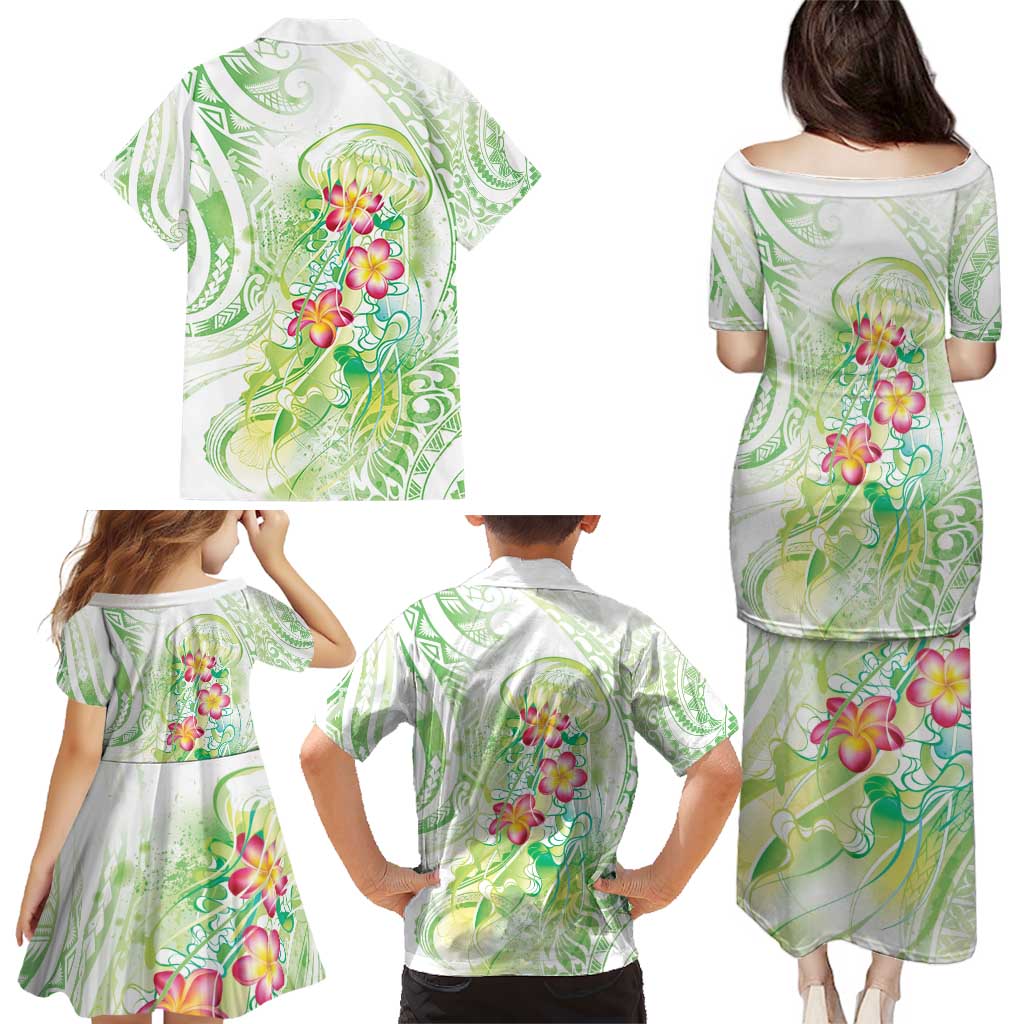 Summer Green Polynesian Jellyfish Family Matching Puletasi and Hawaiian Shirt Watercolor Glows LT7 - Polynesian Pride