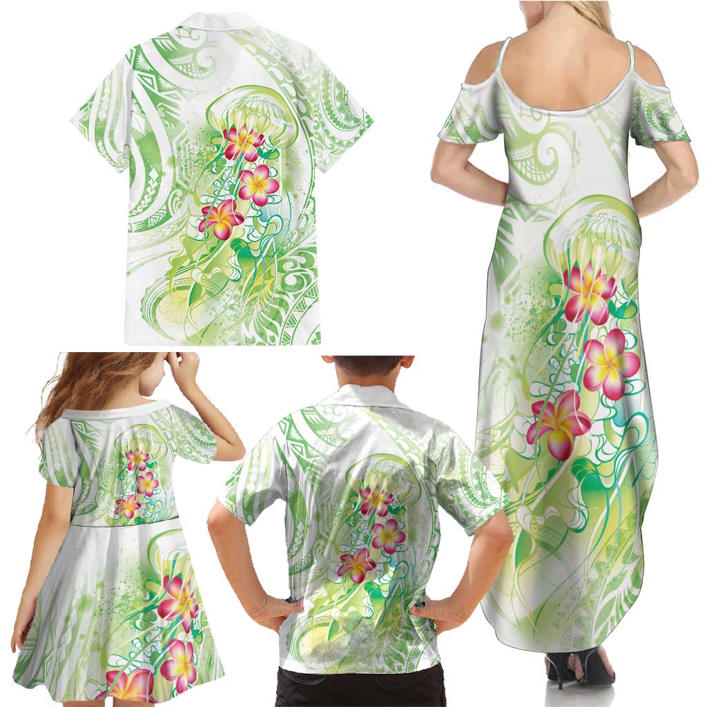 Summer Green Polynesian Jellyfish Family Matching Summer Maxi Dress and Hawaiian Shirt Watercolor Glows LT7 - Polynesian Pride