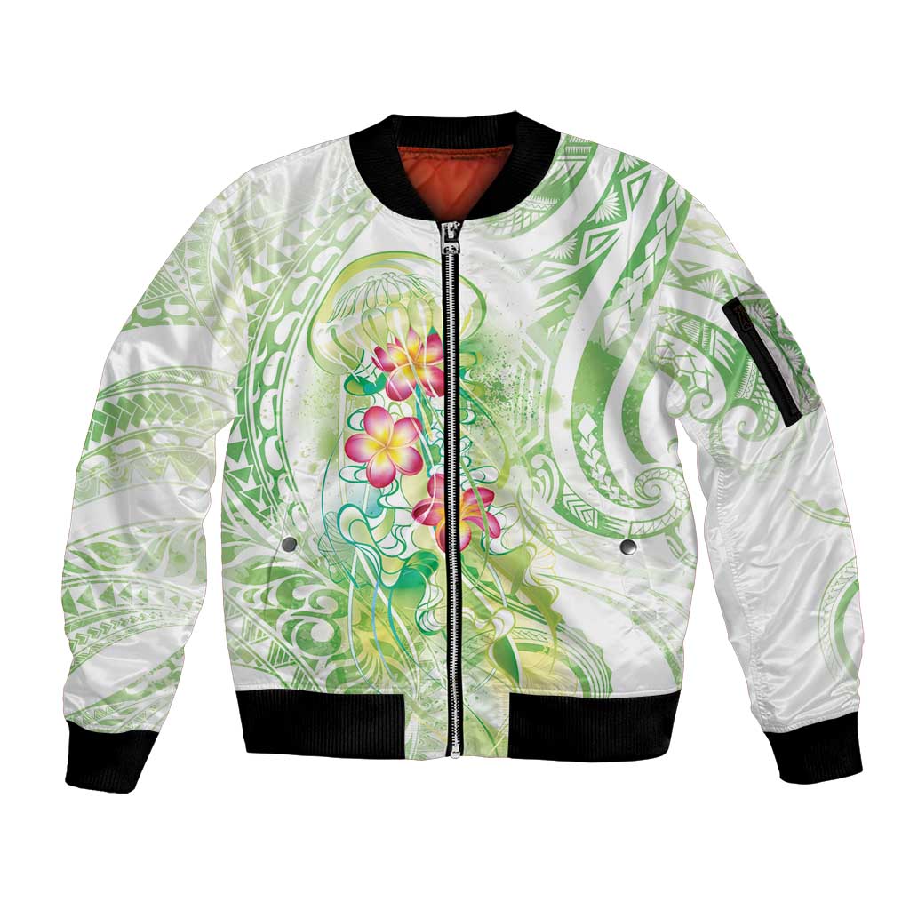 Summer Green Polynesian Jellyfish Sleeve Zip Bomber Jacket Watercolor Glows LT7 Unisex Light Green - Polynesian Pride