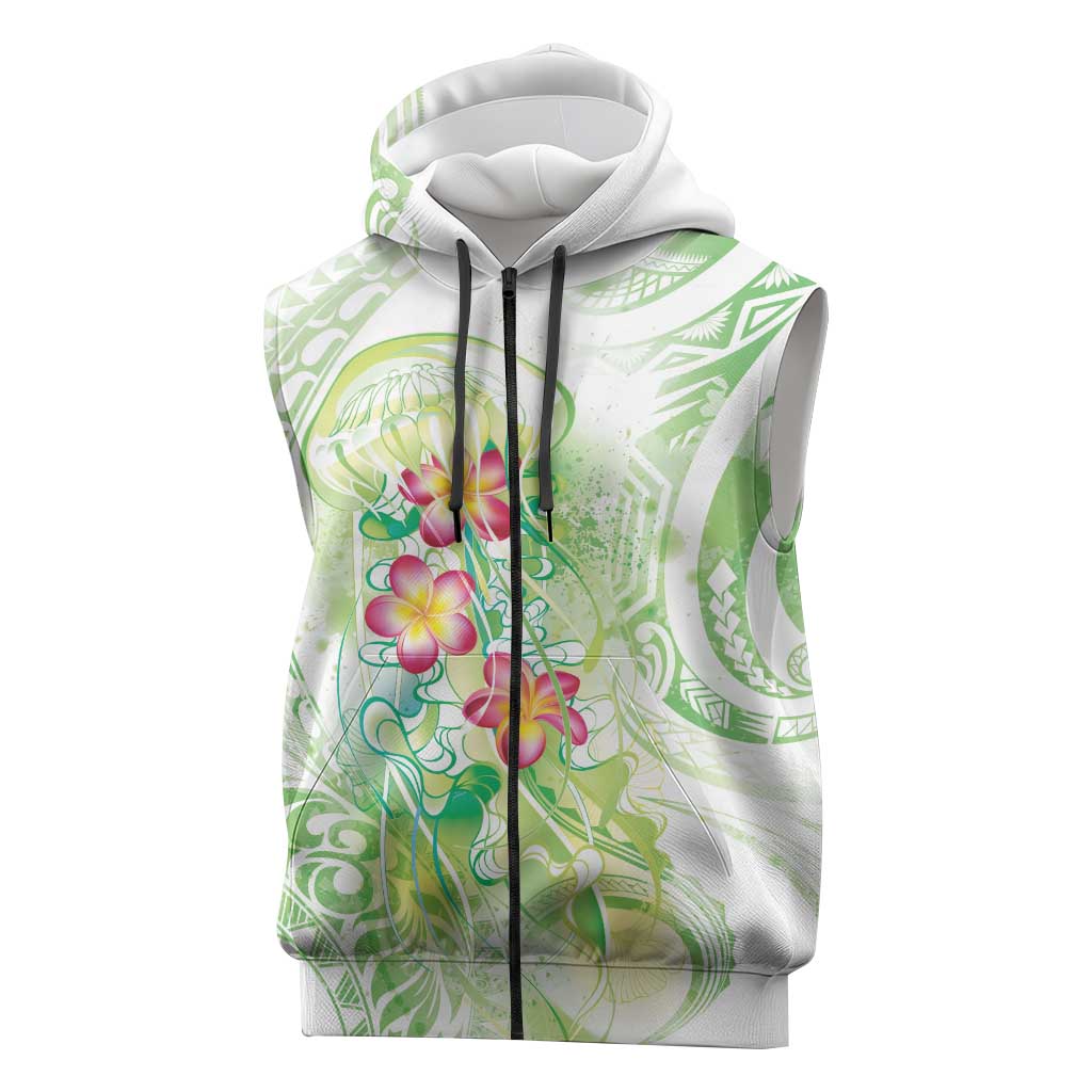 Summer Green Polynesian Jellyfish Sleeveless Zip Hoodie Watercolor Glows - Polynesian Pride