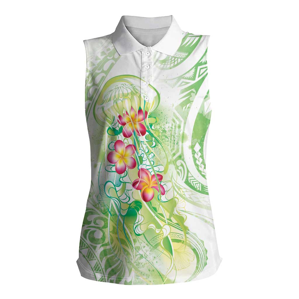 Summer Green Polynesian Jellyfish Women Sleeveless Polo Shirt Watercolor Glows LT7 Female Light Green - Polynesian Pride