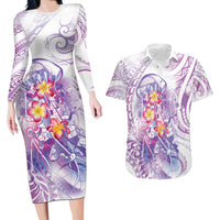 Lavender Polynesian Jellyfish Couples Matching Long Sleeve Bodycon Dress and Hawaiian Shirt Watercolor Glows LT7 Lavender - Polynesian Pride