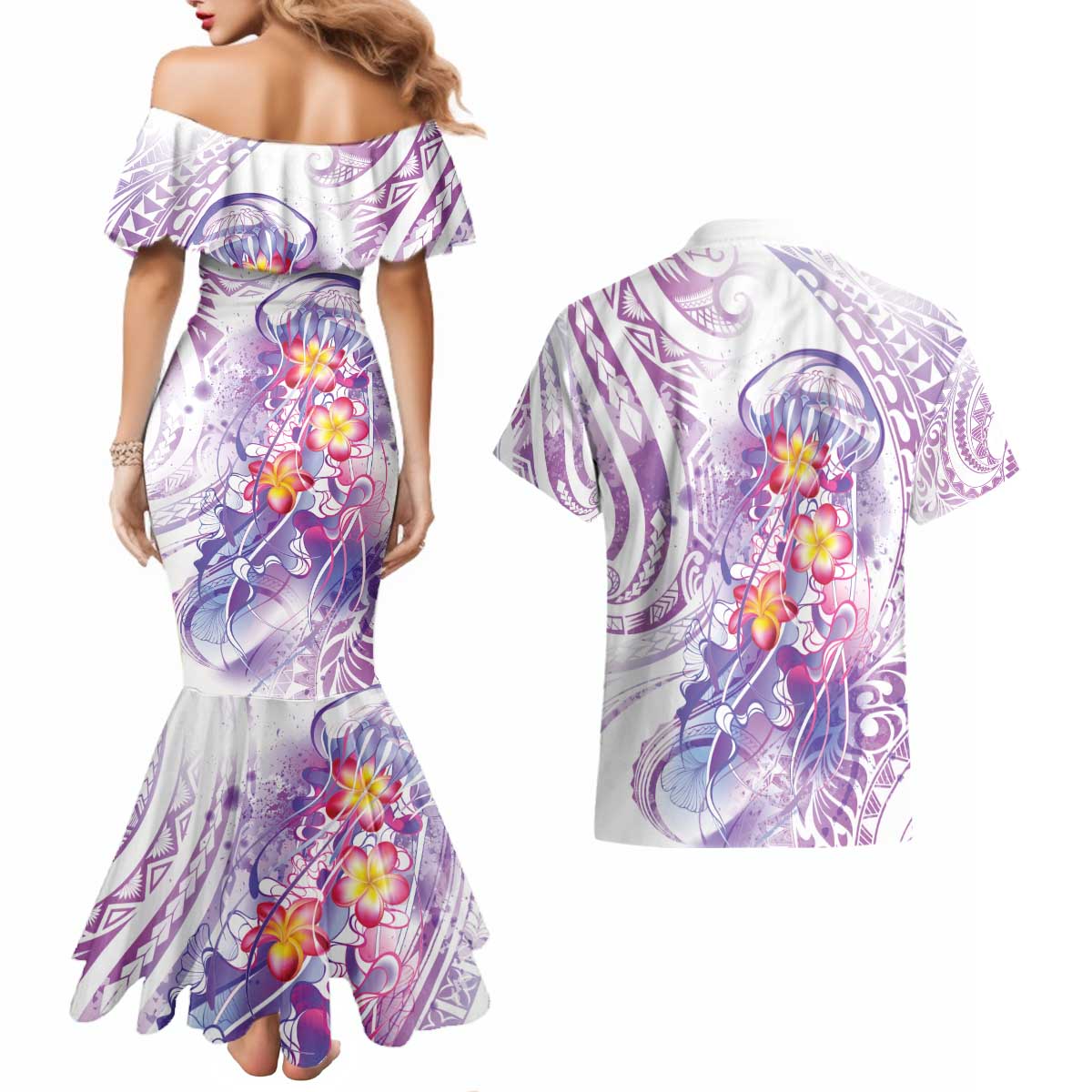 Lavender Polynesian Jellyfish Couples Matching Mermaid Dress and Hawaiian Shirt Watercolor Glows LT7 - Polynesian Pride