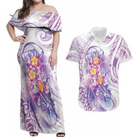 Lavender Polynesian Jellyfish Couples Matching Off Shoulder Maxi Dress and Hawaiian Shirt Watercolor Glows LT7 Lavender - Polynesian Pride