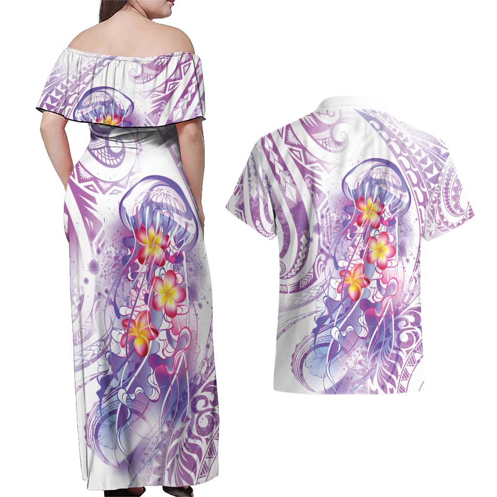 Lavender Polynesian Jellyfish Couples Matching Off Shoulder Maxi Dress and Hawaiian Shirt Watercolor Glows LT7 - Polynesian Pride