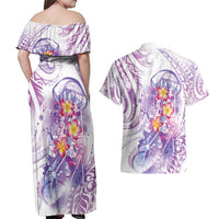 Lavender Polynesian Jellyfish Couples Matching Off Shoulder Maxi Dress and Hawaiian Shirt Watercolor Glows LT7 - Polynesian Pride