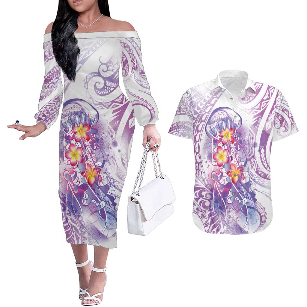 Lavender Polynesian Jellyfish Couples Matching Off The Shoulder Long Sleeve Dress and Hawaiian Shirt Watercolor Glows LT7 Lavender - Polynesian Pride
