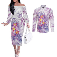 Lavender Polynesian Jellyfish Couples Matching Off The Shoulder Long Sleeve Dress and Long Sleeve Button Shirt Watercolor Glows LT7 Lavender - Polynesian Pride
