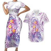 Lavender Polynesian Jellyfish Couples Matching Short Sleeve Bodycon Dress and Hawaiian Shirt Watercolor Glows LT7 Lavender - Polynesian Pride