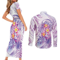 Lavender Polynesian Jellyfish Couples Matching Short Sleeve Bodycon Dress and Long Sleeve Button Shirt Watercolor Glows LT7 - Polynesian Pride