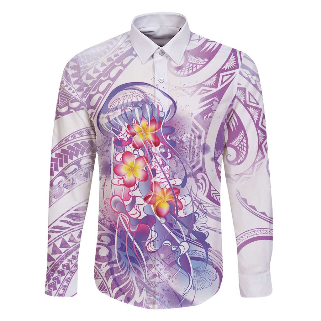 Lavender Polynesian Jellyfish Family Matching Long Sleeve Bodycon Dress and Hawaiian Shirt Watercolor Glows LT7 Dad's Shirt - Long Sleeve Lavender - Polynesian Pride