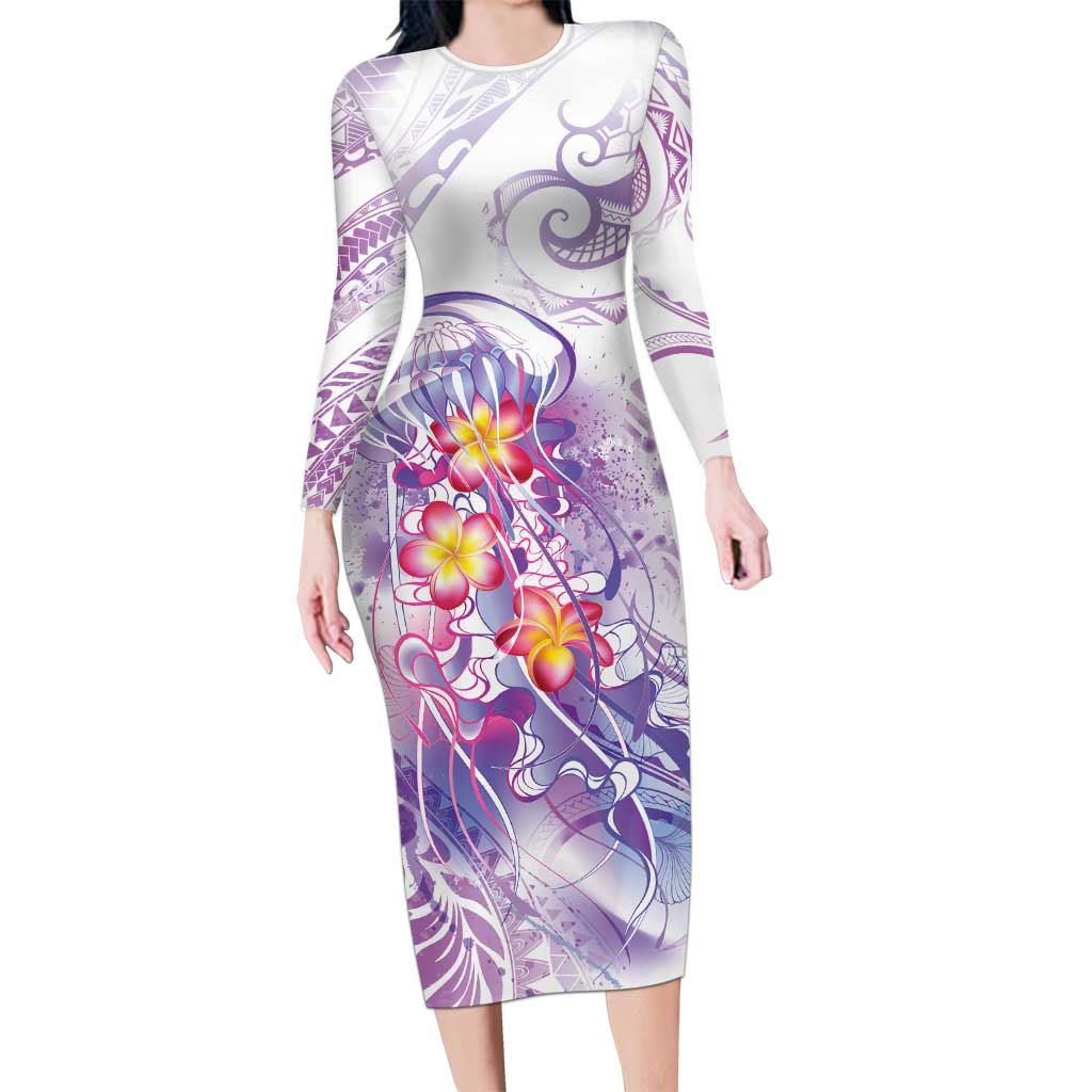 Lavender Polynesian Jellyfish Family Matching Long Sleeve Bodycon Dress and Hawaiian Shirt Watercolor Glows LT7 Mom's Dress Lavender - Polynesian Pride