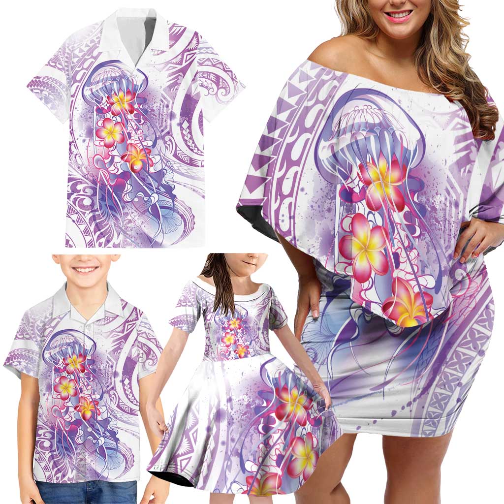 Lavender Polynesian Jellyfish Family Matching Off Shoulder Short Dress and Hawaiian Shirt Watercolor Glows LT7 - Polynesian Pride