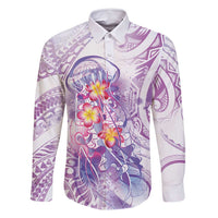 Lavender Polynesian Jellyfish Family Matching Off Shoulder Short Dress and Hawaiian Shirt Watercolor Glows LT7 Dad's Shirt - Long Sleeve Lavender - Polynesian Pride