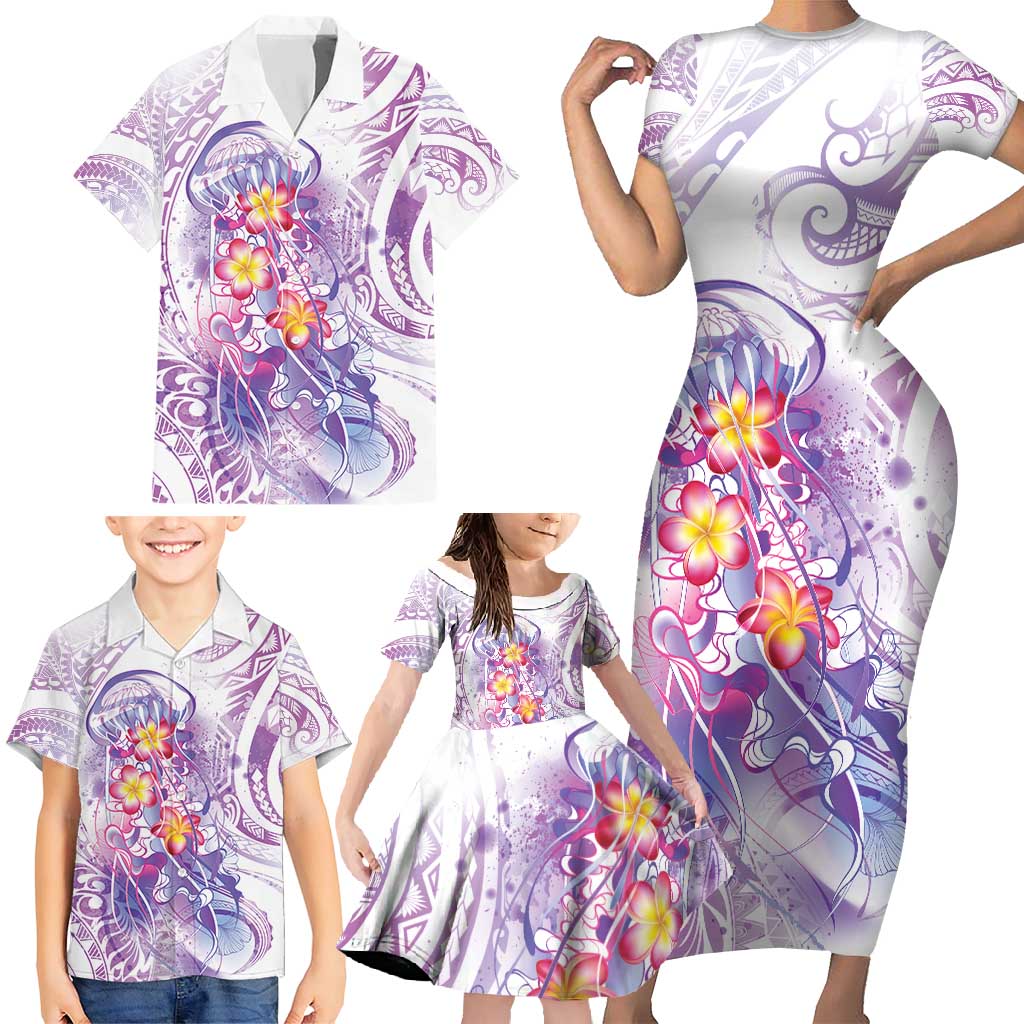 Lavender Polynesian Jellyfish Family Matching Short Sleeve Bodycon Dress and Hawaiian Shirt Watercolor Glows LT7 - Polynesian Pride