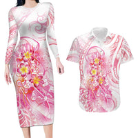 Rose Pink Polynesian Jellyfish Couples Matching Long Sleeve Bodycon Dress and Hawaiian Shirt Watercolor Glows LT7 Rose Pink - Polynesian Pride