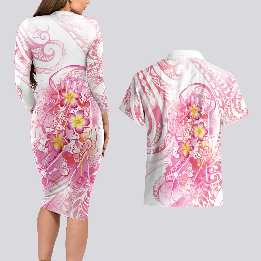 Rose Pink Polynesian Jellyfish Couples Matching Long Sleeve Bodycon Dress and Hawaiian Shirt Watercolor Glows LT7 - Polynesian Pride