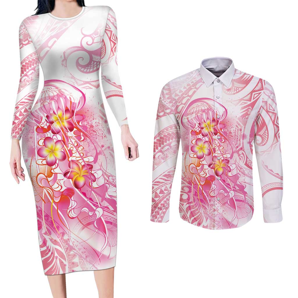 Rose Pink Polynesian Jellyfish Couples Matching Long Sleeve Bodycon Dress and Long Sleeve Button Shirt Watercolor Glows LT7 Rose Pink - Polynesian Pride